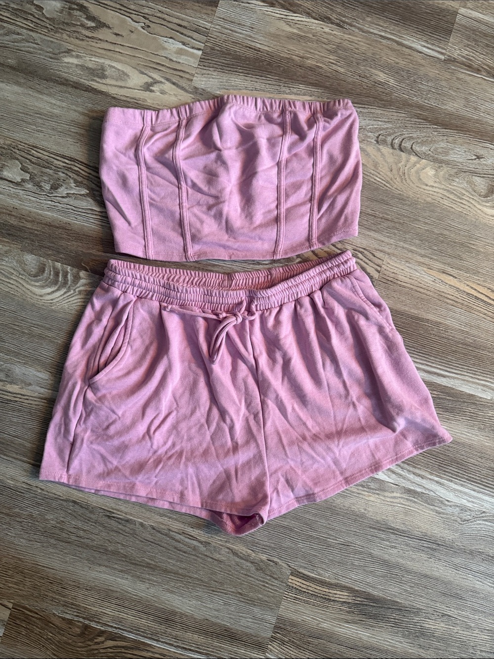 Fashion Nova Pink Strapless Crop Top & Drawstring Shorts Set